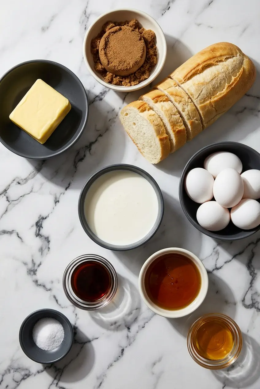 Ingredients for Overnight Crème Brûlée French Toast including sliced Brioche, a vanilla custard mixture, and fine sugar.