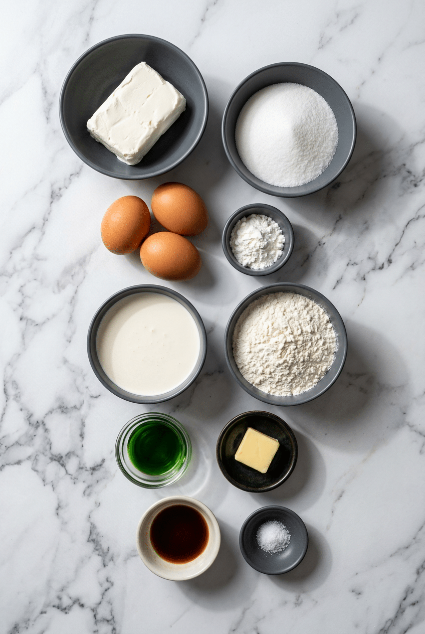 Fresh pandan leaves, coconut cream, blocks of cream cheese, and eggs arranged to bake a pandan basque cheesecake.