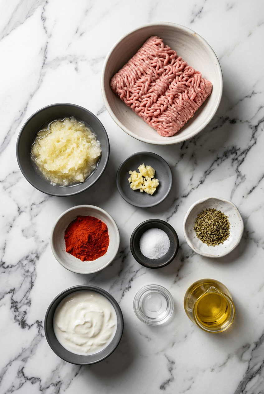 Raw ground lamb, sumac, tahini, and spices on a wooden board for Parchment Doner Kebab.
