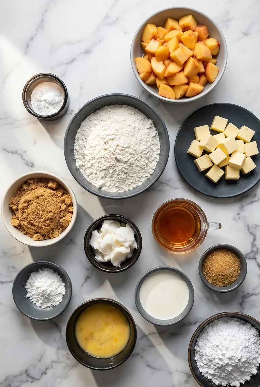 Flat lay of freestone peaches, pastry dough ingredients, fresh thyme, and demerara sugar for Peach Hand Pies.
