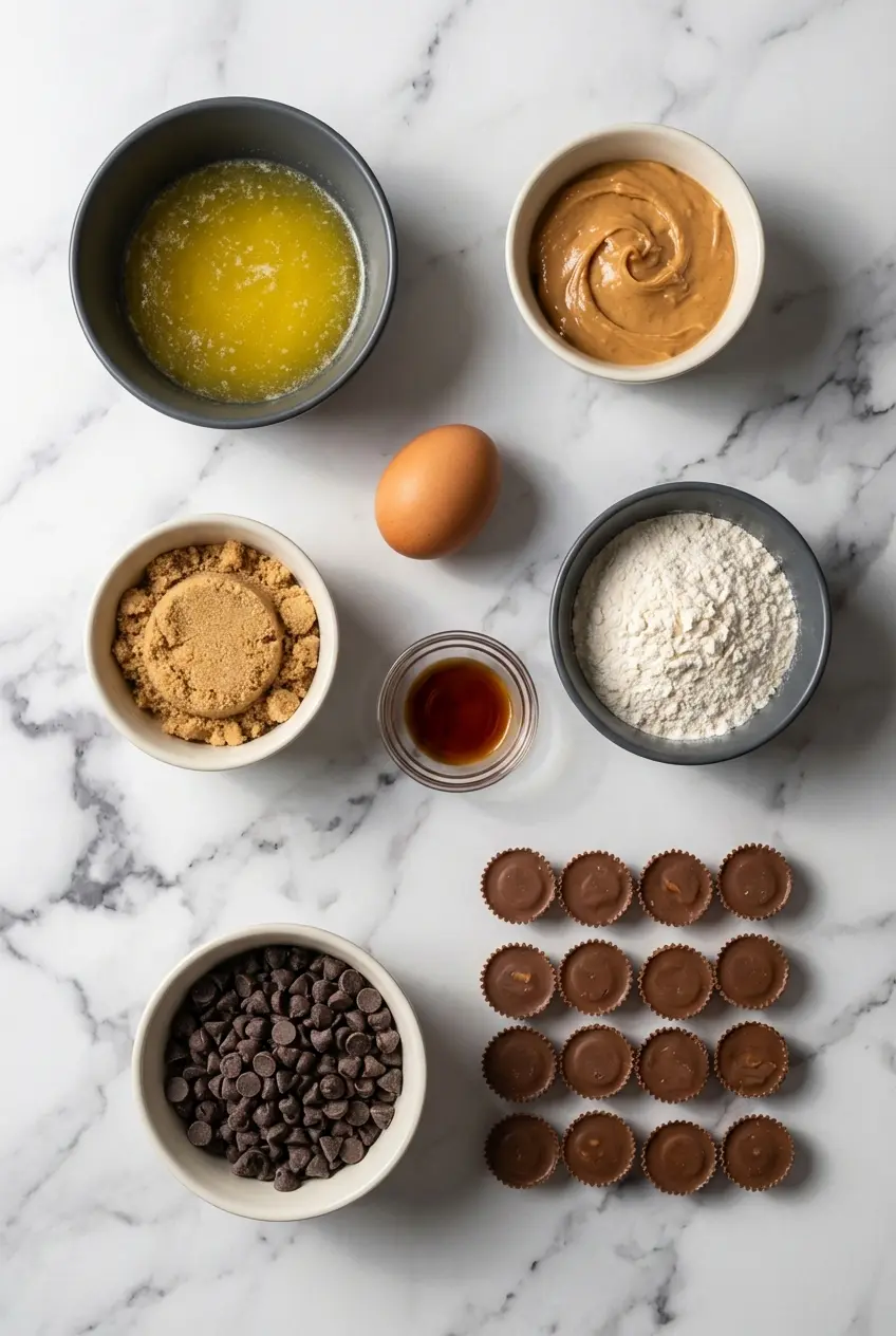 Overhead view of ingredients for peanut butter cup gooey cookie bars including light brown sugar and miniature peanut butter cups.