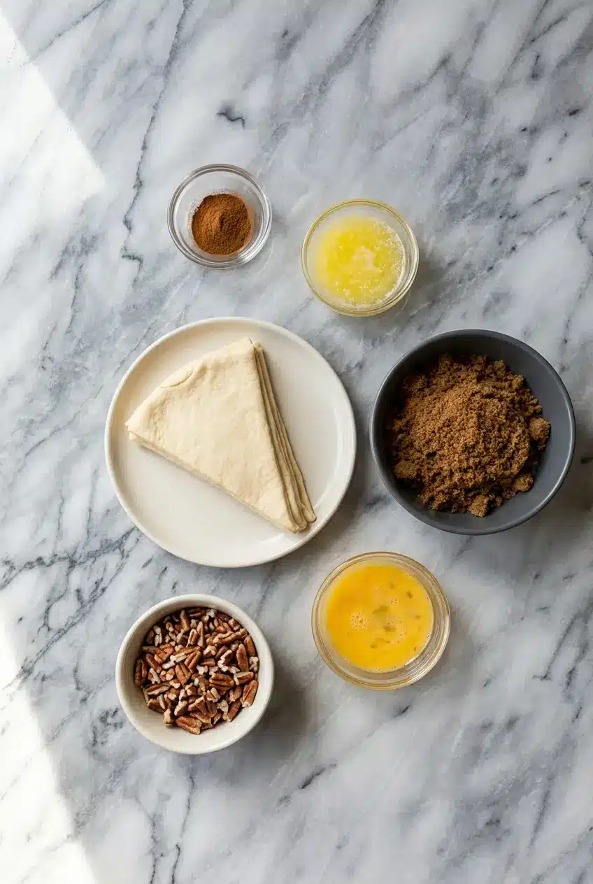 Raw ingredients for Pecan Pie Crescent Rolls including Pillsbury crescent rolls, brown sugar, and toasted pecans.