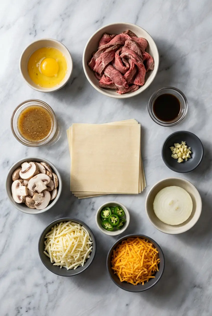 Raw ingredients for Philly Cheesesteak Egg Rolls featuring ribeye steak, provolone cheese, and egg roll wrappers.