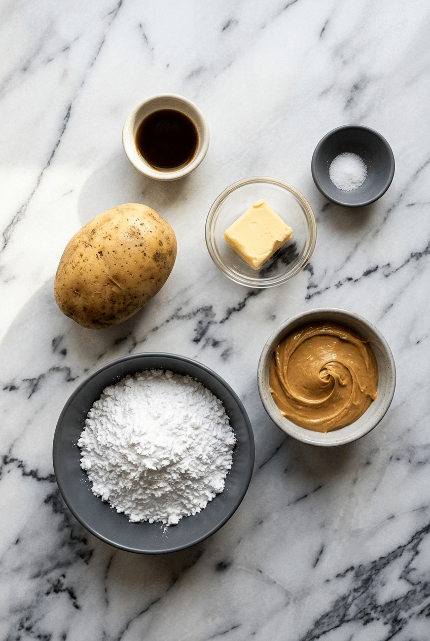 Overhead view of ingredients for a potato candy recipe including a weighed Russet potato, powdered sugar, and peanut butter.