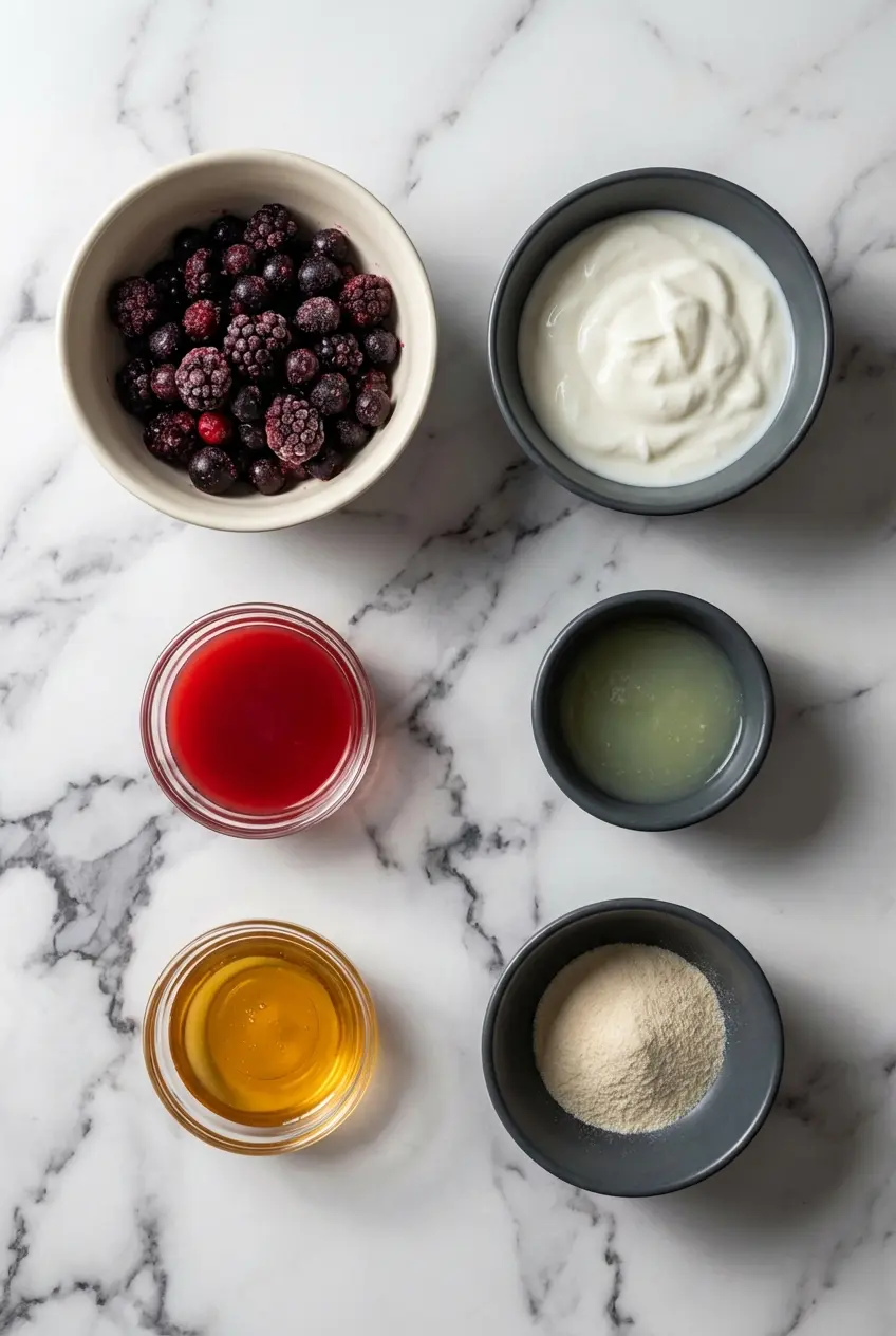 Overhead view of raw ingredients for a Probiotic Gummy Bear Recipe, featuring grass-fed gelatin, probiotics, and sea salt.