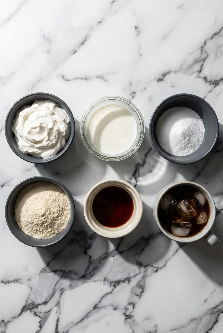 Whey protein isolate, ultra-filtered skim milk, and sugar-free sweetener laid out for a protein cold foam recipe.