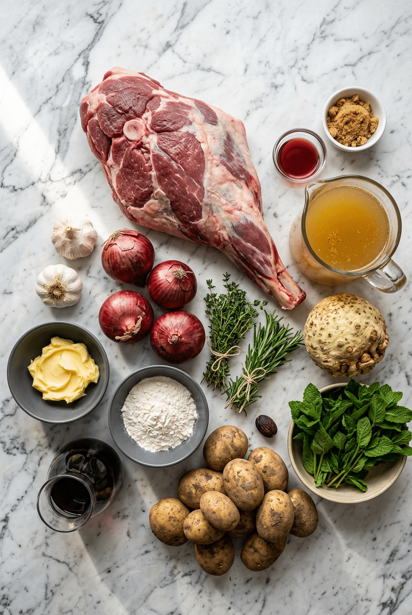 Raw bone-in lamb leg on a board with fresh herbs, garlic, butter, and anchovies for roast lamb leg with gravy preparation.