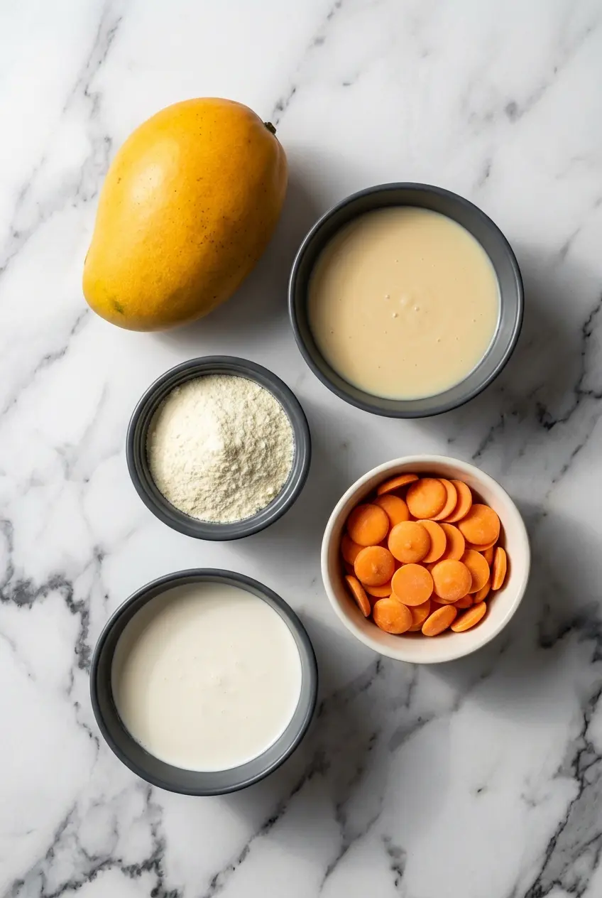 Raw ingredients for a Propitious Mango Ice Cream Recipe, featuring heavy whipping cream, fresh mango, and real white chocolate.