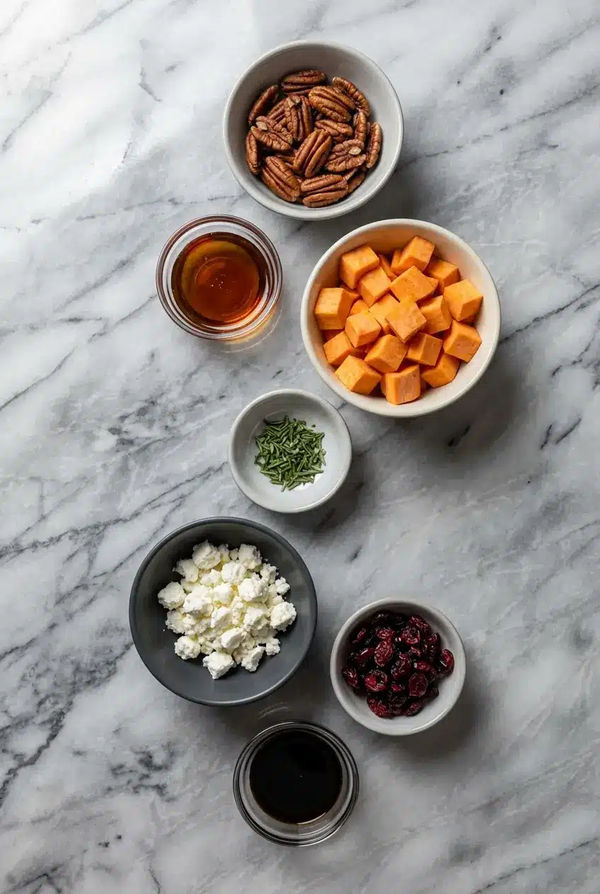 Flat lay of sweet potatoes, goat cheese, maple pecans, and rosemary for roasted sweet potatoes and goat cheese.