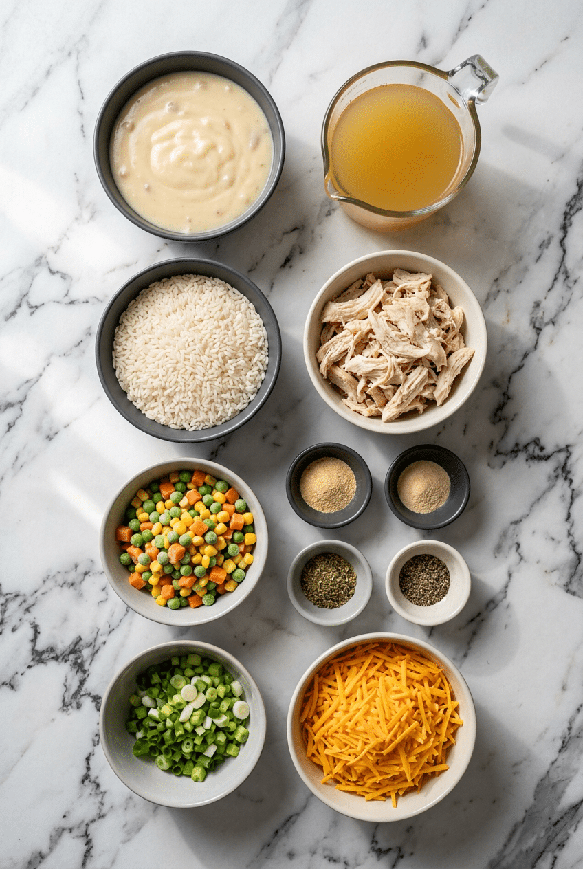 Flat lay of rotisserie chicken and rice casserole ingredients including instant rice, sharp cheddar, and condensed soup.