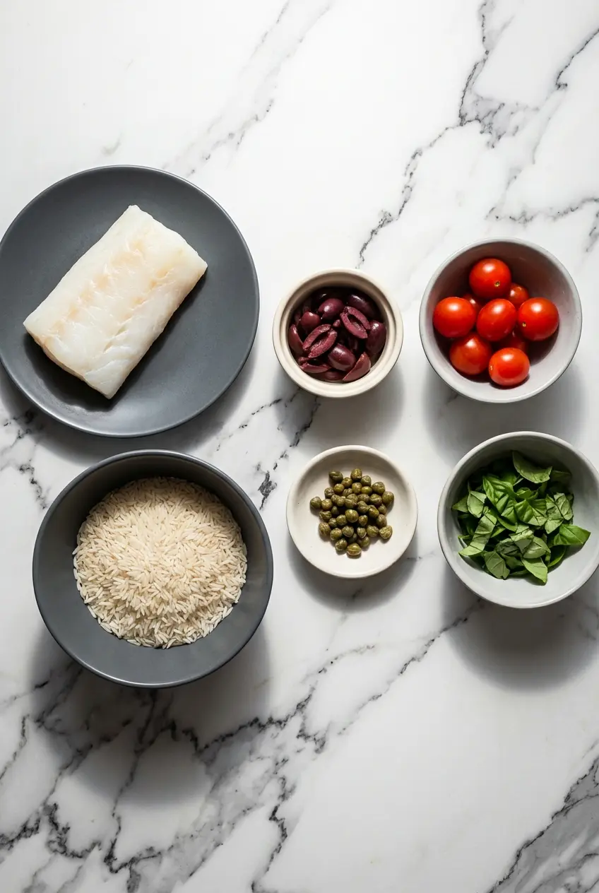 Fresh cod fillets, basmati rice, extra virgin olive oil, and saffron for a vibrant Mediterranean rice with fish recipe.