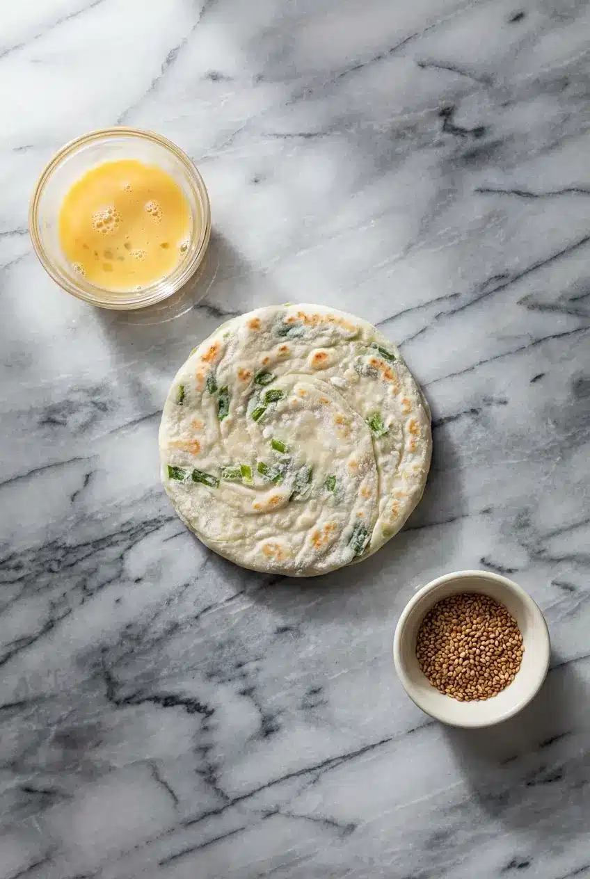 Flat lay of croissant dough, green onions, chili crisp, and cheddar cheese for scallion pancake croissant bites.