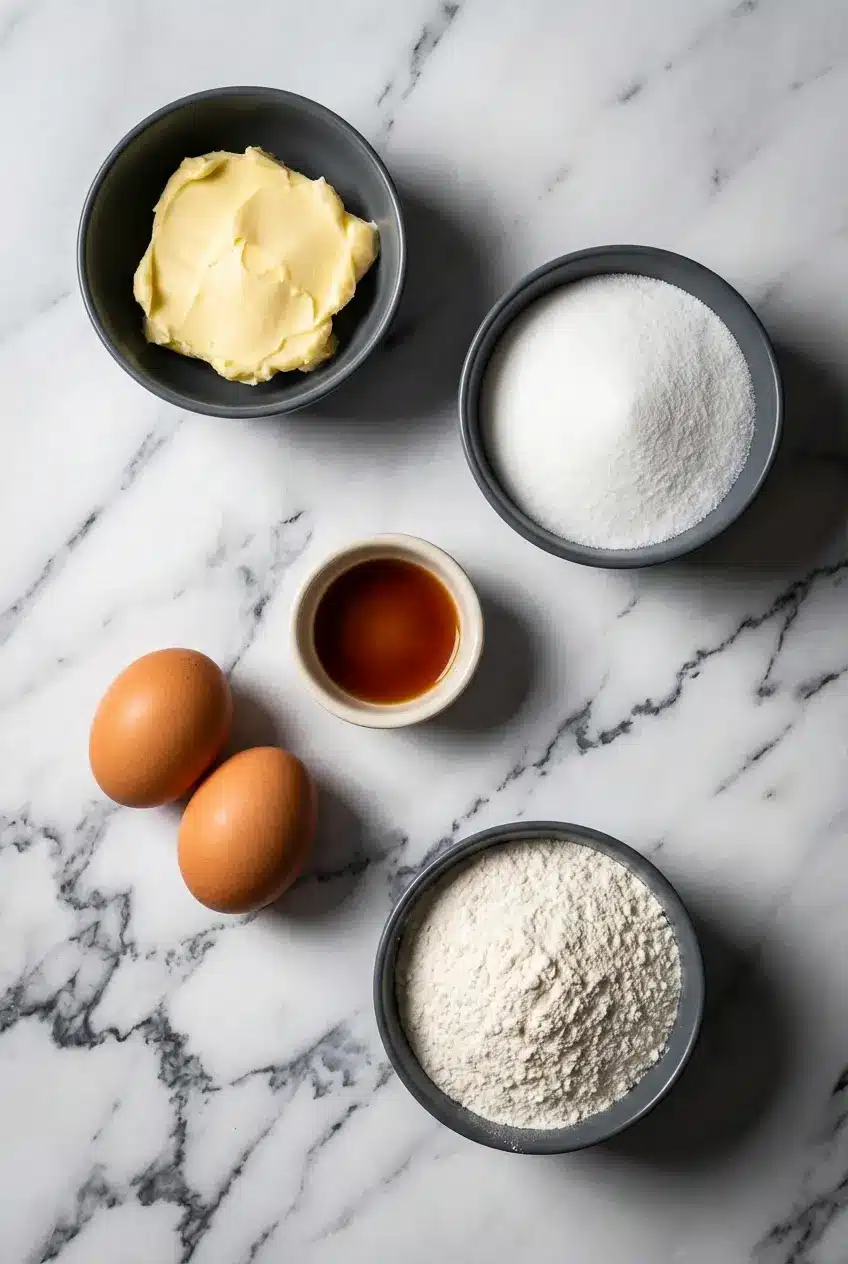 Overhead view of Bento Cake Recipe ingredients, including simple syrup, American buttercream, and a round cookie cutter.