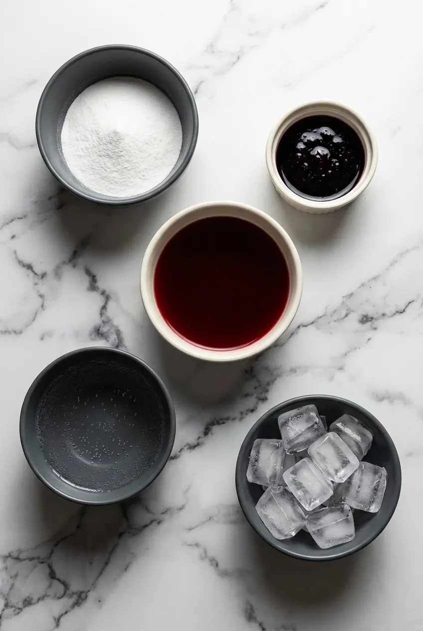 Flat lay of sleepy girl mocktail recipe ingredients: tart cherry juice, magnesium glycinate, ginger, and prebiotic soda.