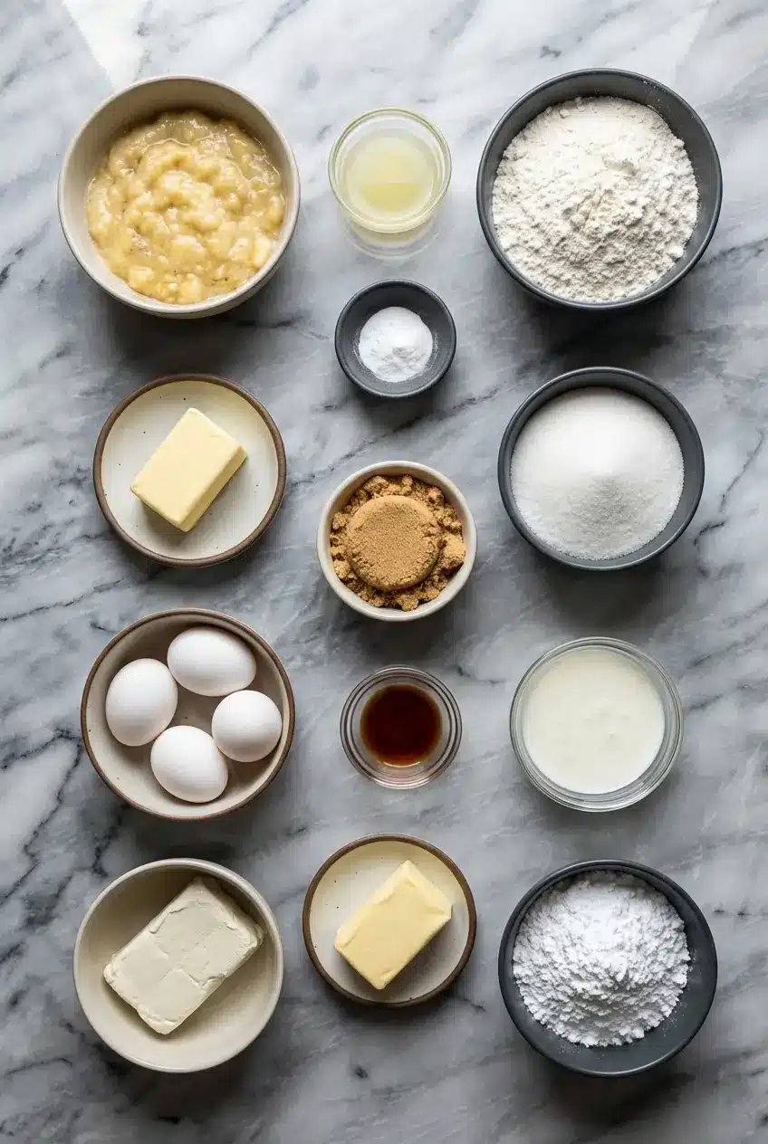 Overhead view of Southern Creamy Banana Cake ingredients like overripe bananas, buttermilk, and unsalted butter.