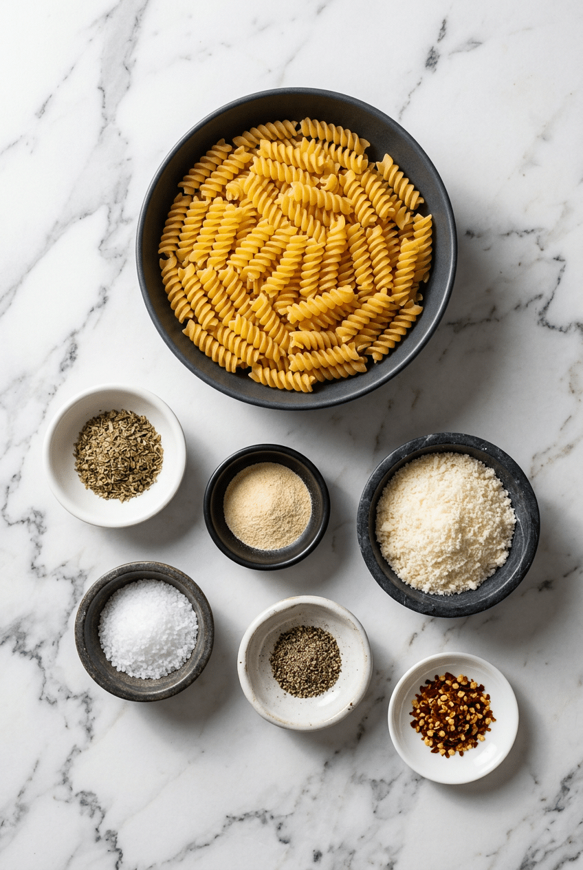 Overhead view of raw ingredients for a pasta chips recipe including dry short pasta, olive oil, parmesan cheese, and Italian seasoning.