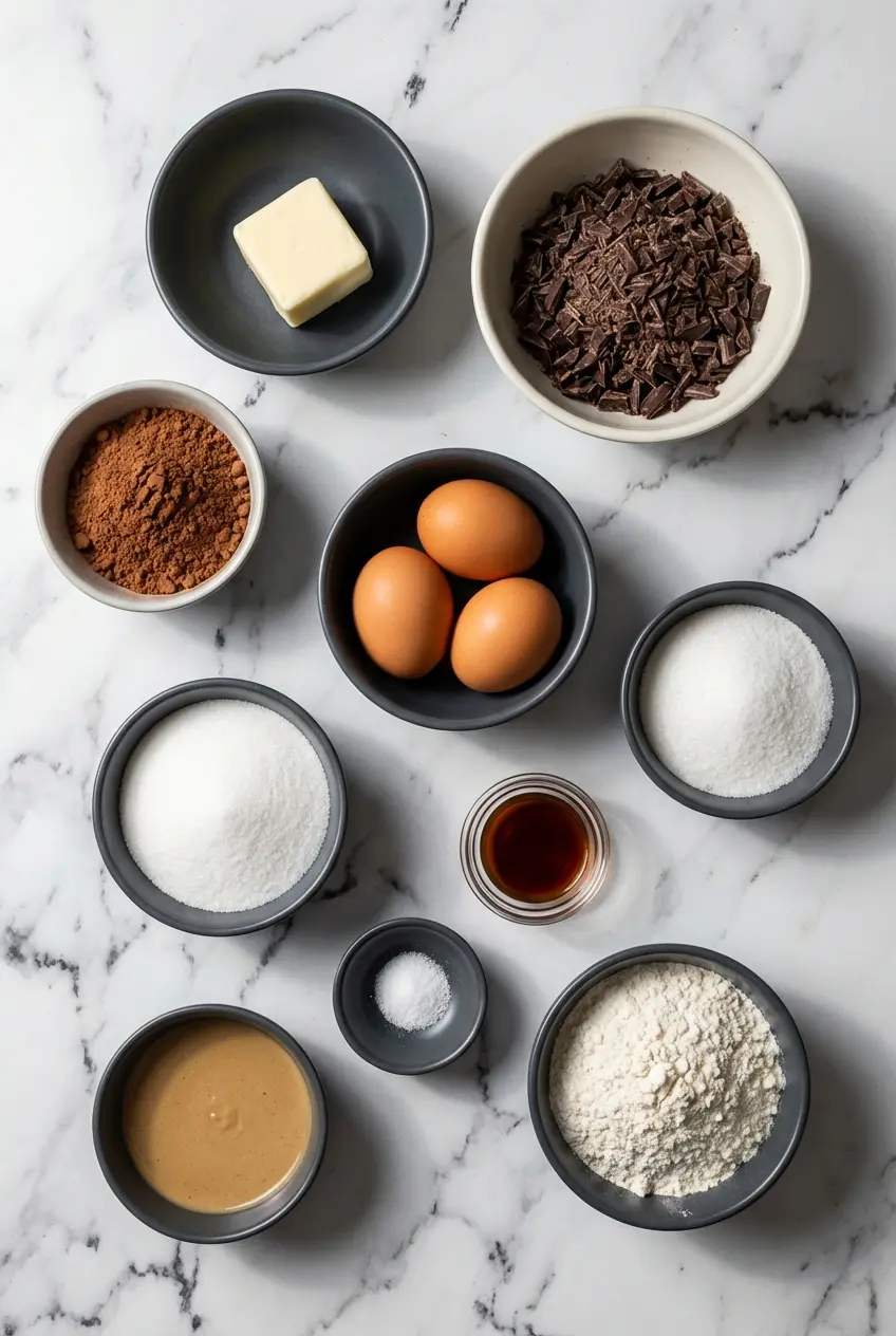Overhead view of ingredients for tahini swirl brownies: bittersweet chocolate, sesame paste, butter, and espresso powder.