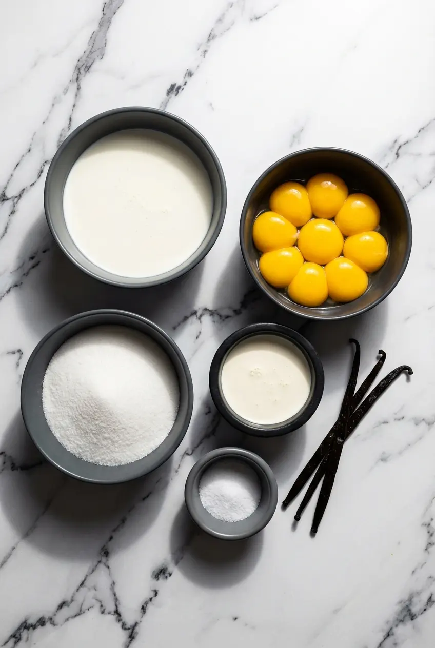 Overhead view of ingredients for Tahitian Vanilla Ice Cream including heavy cream, egg yolks, and a plump vanilla pod.