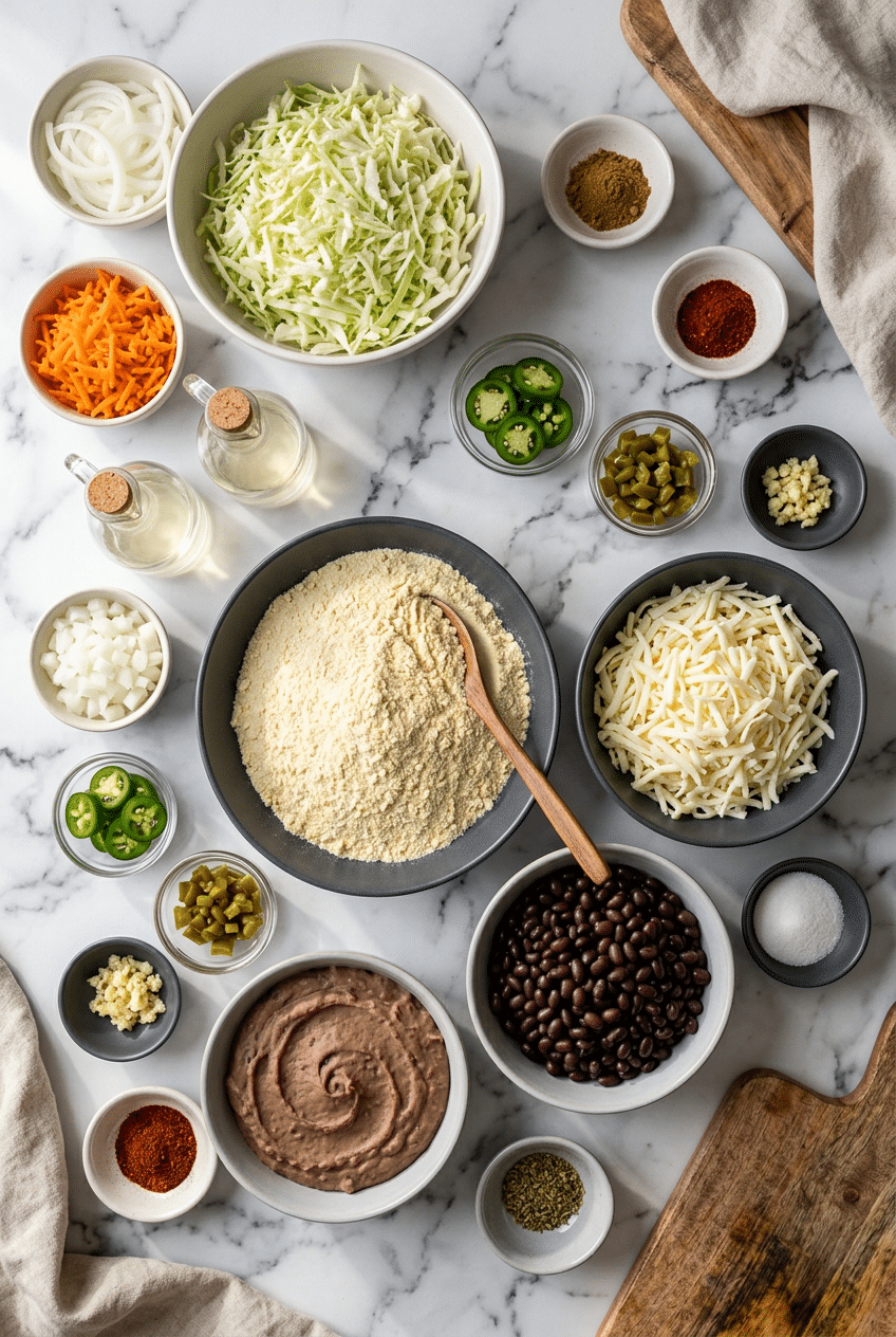 Ingredients for a pupusas recipe laid out, including a bowl of masa harina, Oaxaca cheese, pork lard, and spices.