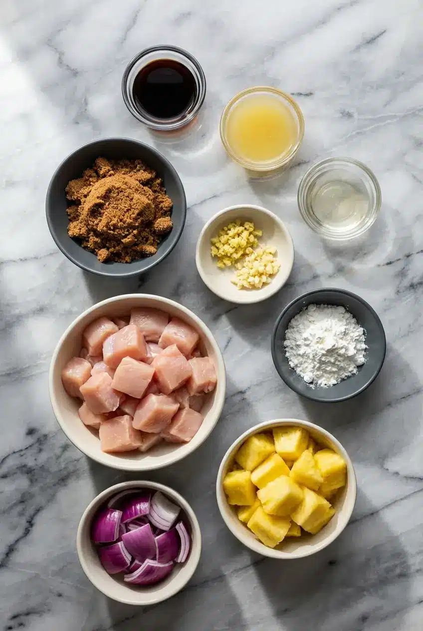 Raw chicken thighs, ginger, and bamboo skewers laid out for preparing Teriyaki Chicken Skewers with a miso glaze.