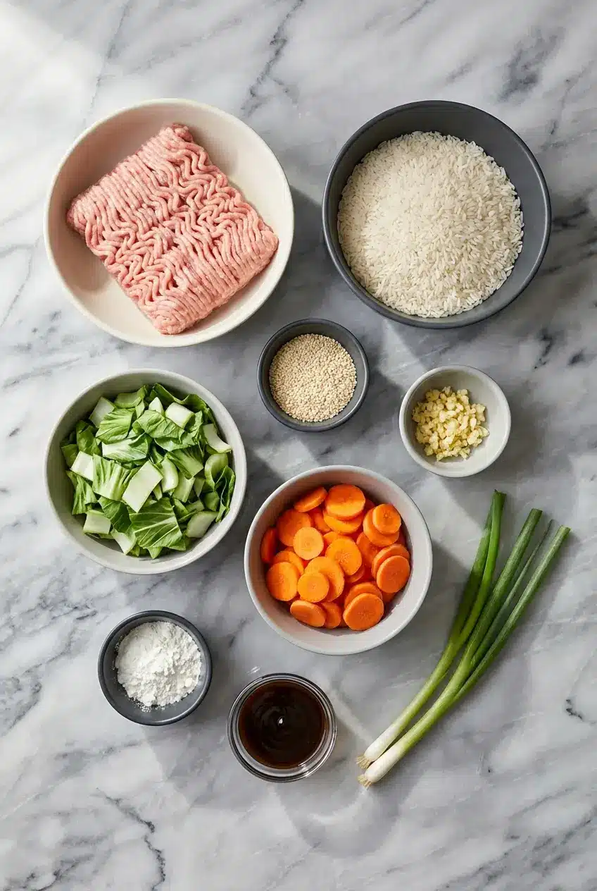 Fresh ground turkey, bok choy, jasmine rice, and sesame oil for a Teriyaki Turkey Rice Bowl.