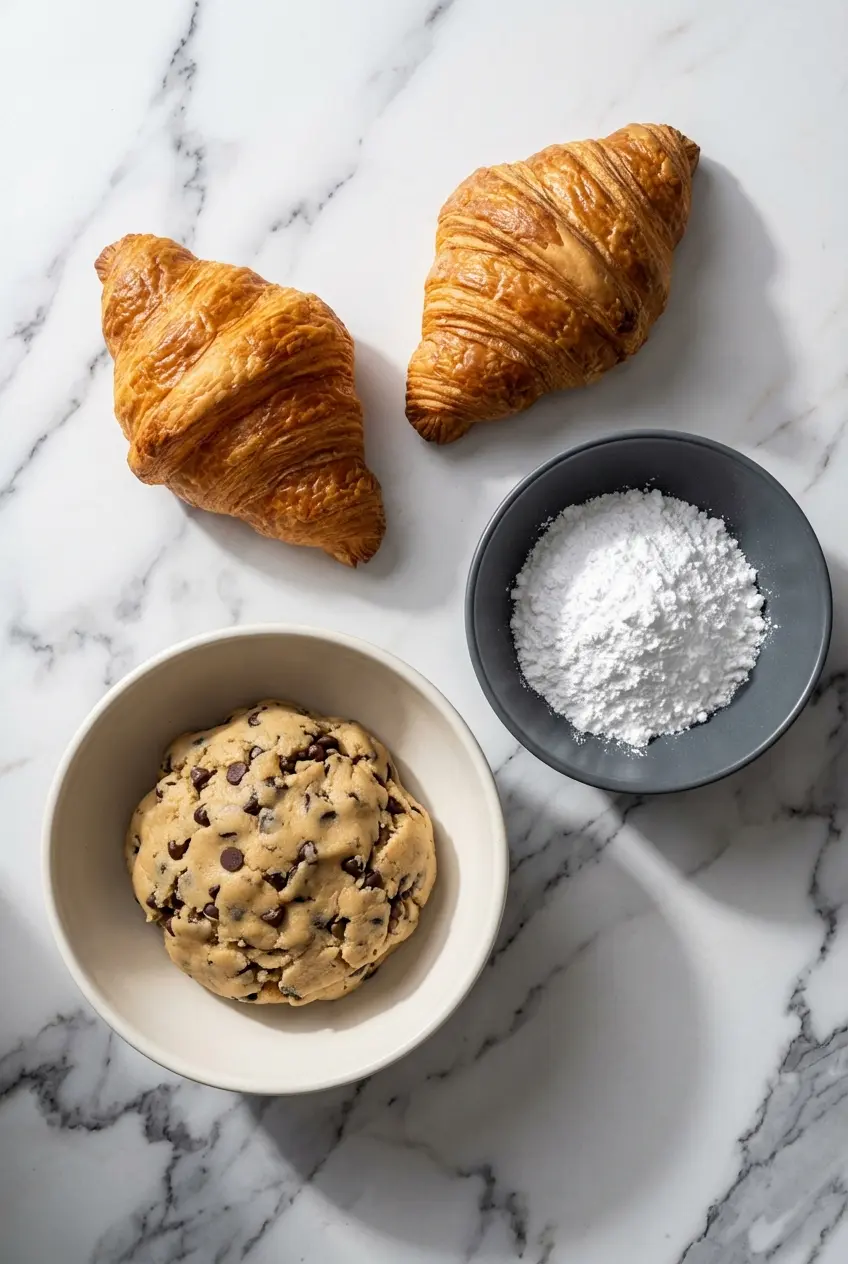 Bakery croissants, chocolate chip cookie dough, sea salt, and powdered sugar for a TikTok Cookie Croissant Recipe.