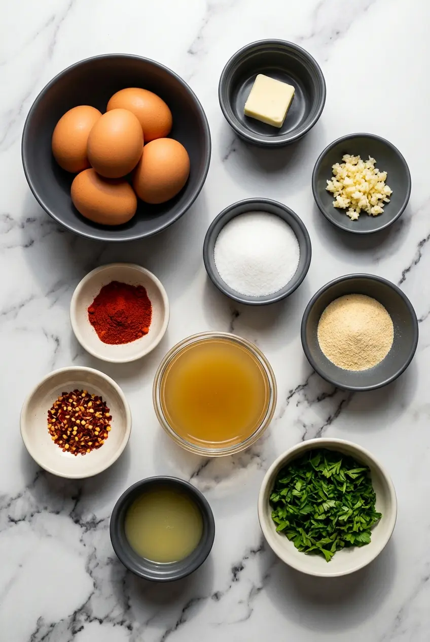 Overhead view of TikTok egg boil ingredients, including fresh eggs, Old Bay seasoning, garlic, and cold unsalted butter.