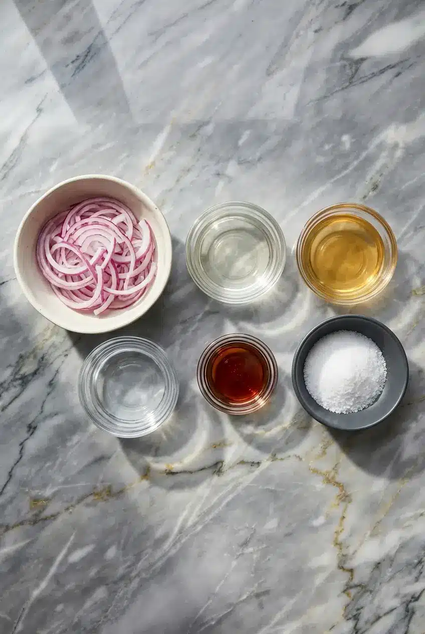 Sliced red onion, apple cider vinegar, maple syrup, and whole coriander seeds for making quick pickled onions.