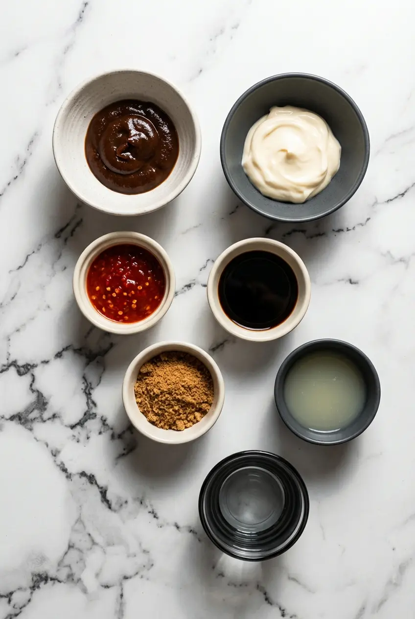 Overhead view of ingredients for a tram sauce recipe including Kewpie mayo, tamarind paste, and chili garlic sauce.
