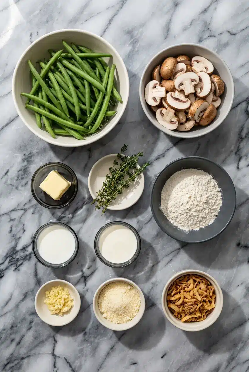 Raw ingredients for Ultimate Green Bean Casserole including fresh beans, crimini mushrooms, and miso paste for the roux.