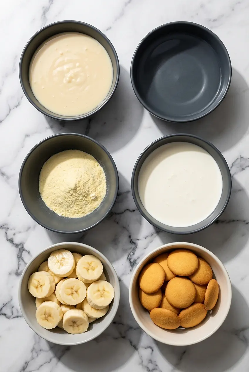 Flat lay of Magnolia Bakery’s Banana Pudding ingredients including Nilla Wafers, bananas, and sweetened condensed milk.