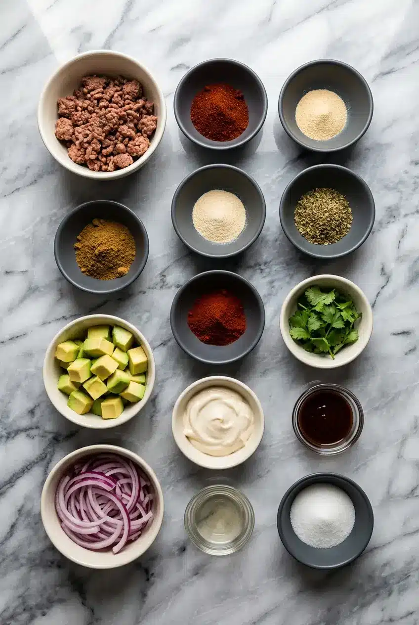 Flat lay of ingredients for vegan chipotle beef tacos including Beyond Meat, cumin, and spicy adobo sauce.