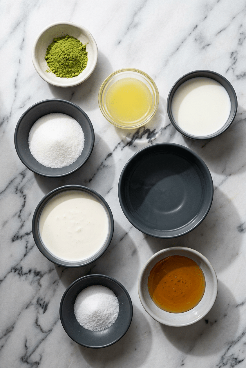 Raw ingredients for a Yuzu Matcha Latte including ceremonial grade matcha, oat milk, yuzu juice, and heavy whipping cream.