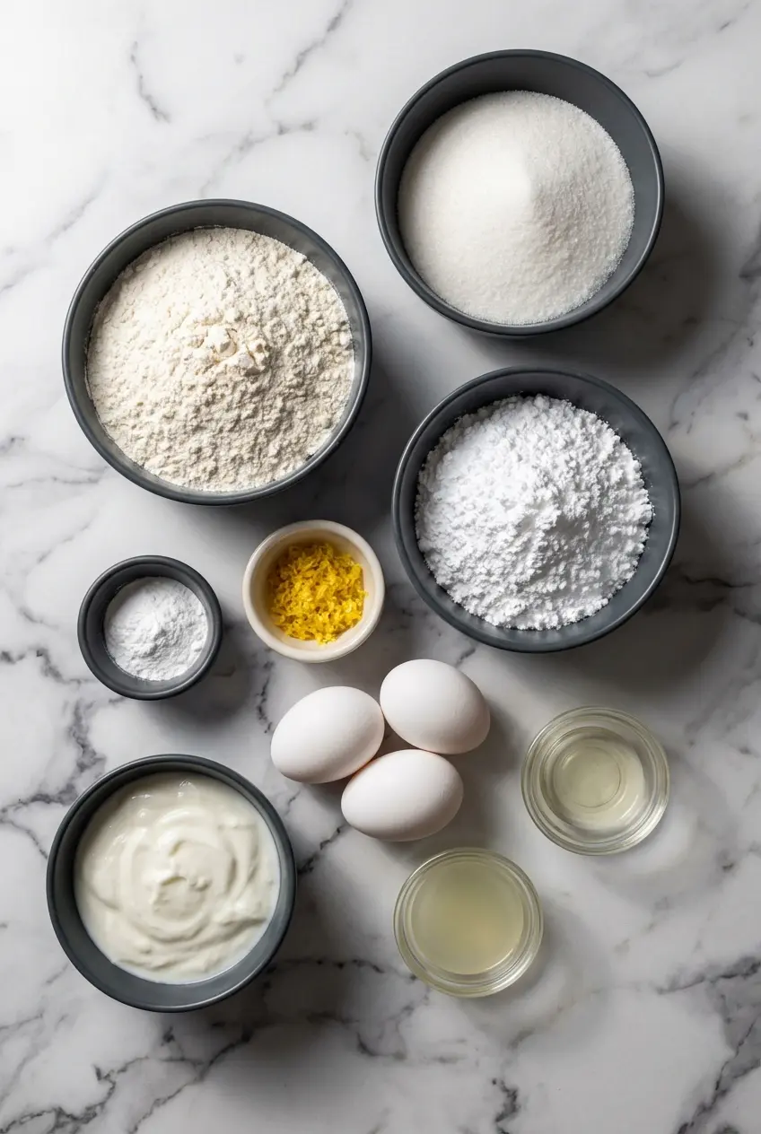 Flat lay of ingredients for Italian Lemon Pound Cake including lemon zest, extra-virgin olive oil, and whole milk yogurt.