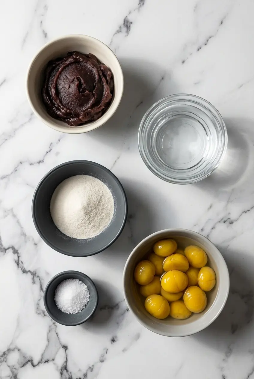 Raw ingredients for a Yokan Jelly Recipe, including smooth koshian red bean paste, kanten agar agar, and loose leaf hojicha.