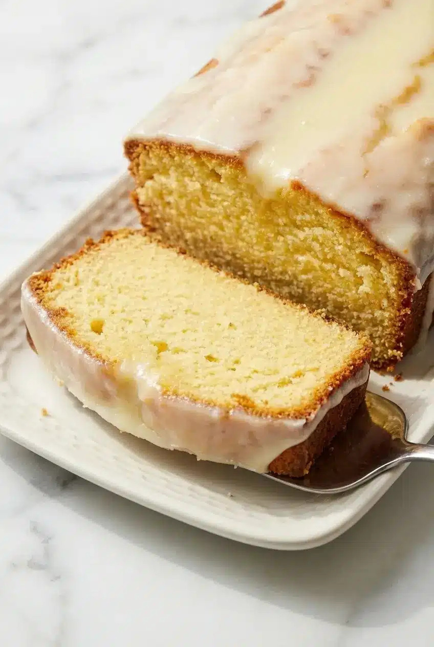 Close-up of the moist, fine crumb texture of a sliced Italian Lemon Pound Cake.