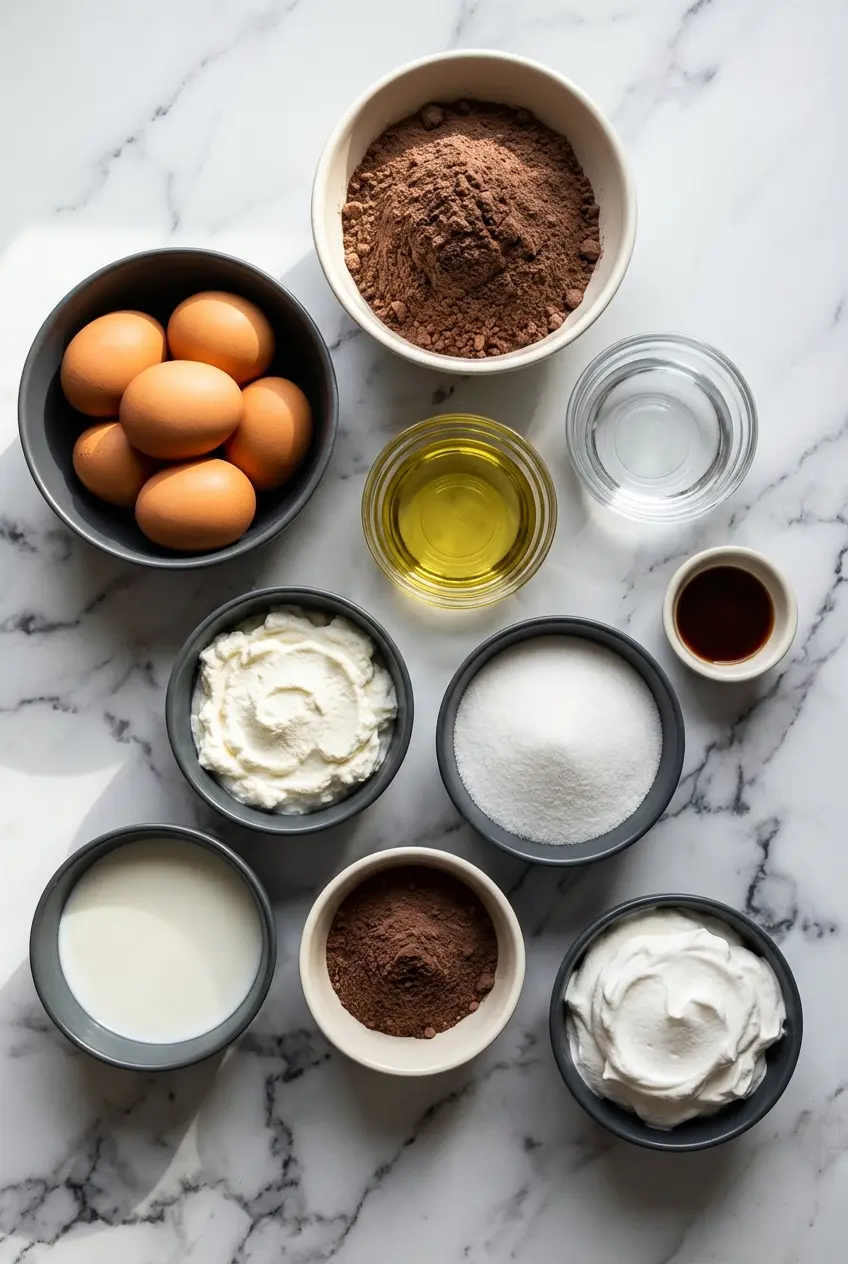 Raw ingredients for Italian Love Cake including chocolate cake mix, ricotta cheese, mascarpone, and orange zest.