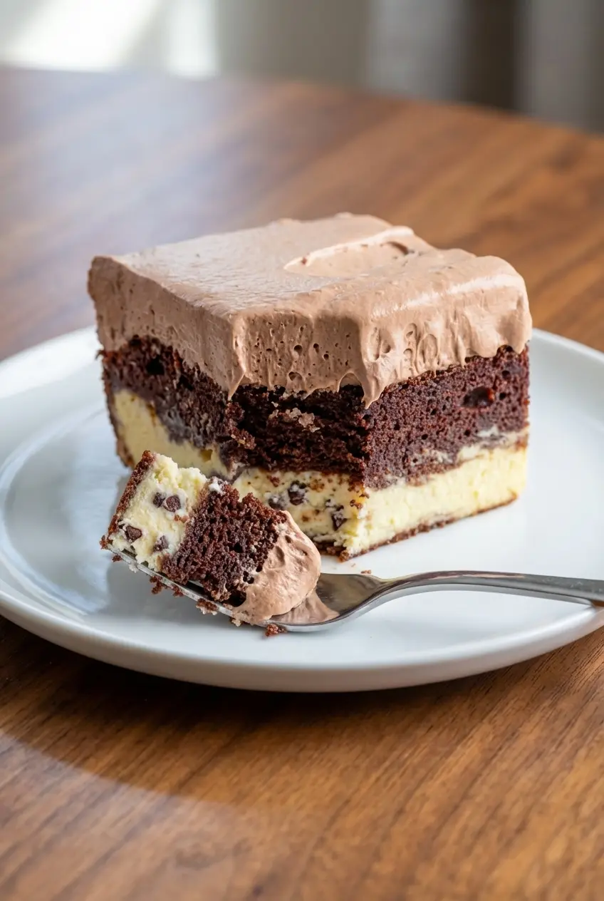 Italian Love Cake showing the magic cake layers separating into distinct chocolate and orange-flecked cheese tiers.