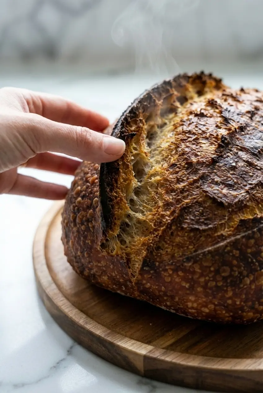 Sliced loaf from this izzio sourdough bread recipe revealing an open crumb structure and blistered Dutch oven crust.