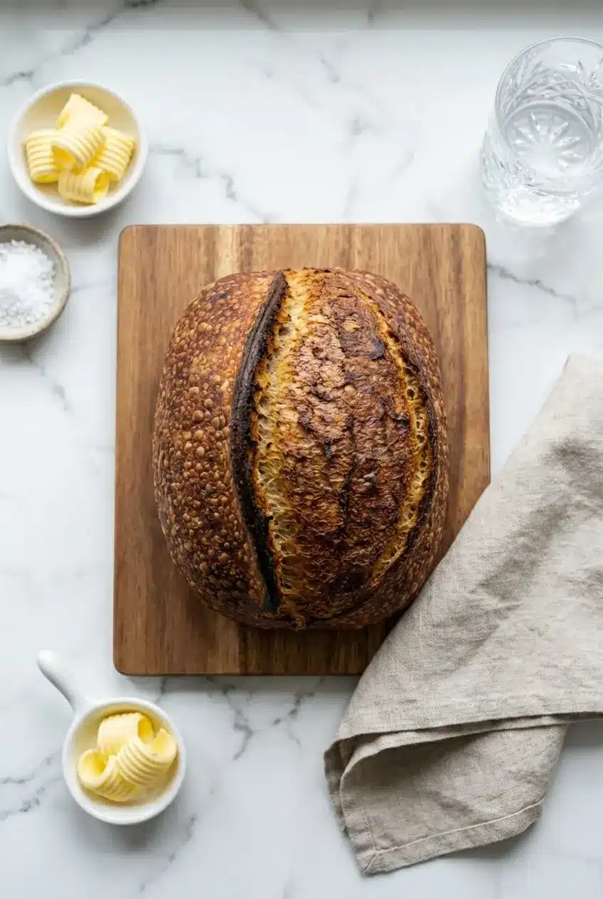 Thick slices from our izzio sourdough bread recipe served on a wooden cutting board beside a dish of salted sweet butter.