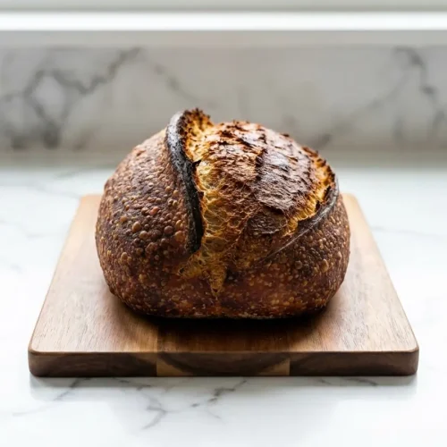 Crusty artisan loaf from an izzio sourdough bread recipe made with a stiff starter and 36-hour cold retard for deep flavor.
