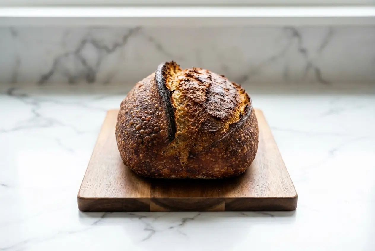 Crusty artisan loaf from an izzio sourdough bread recipe made with a stiff starter and 36-hour cold retard for deep flavor.