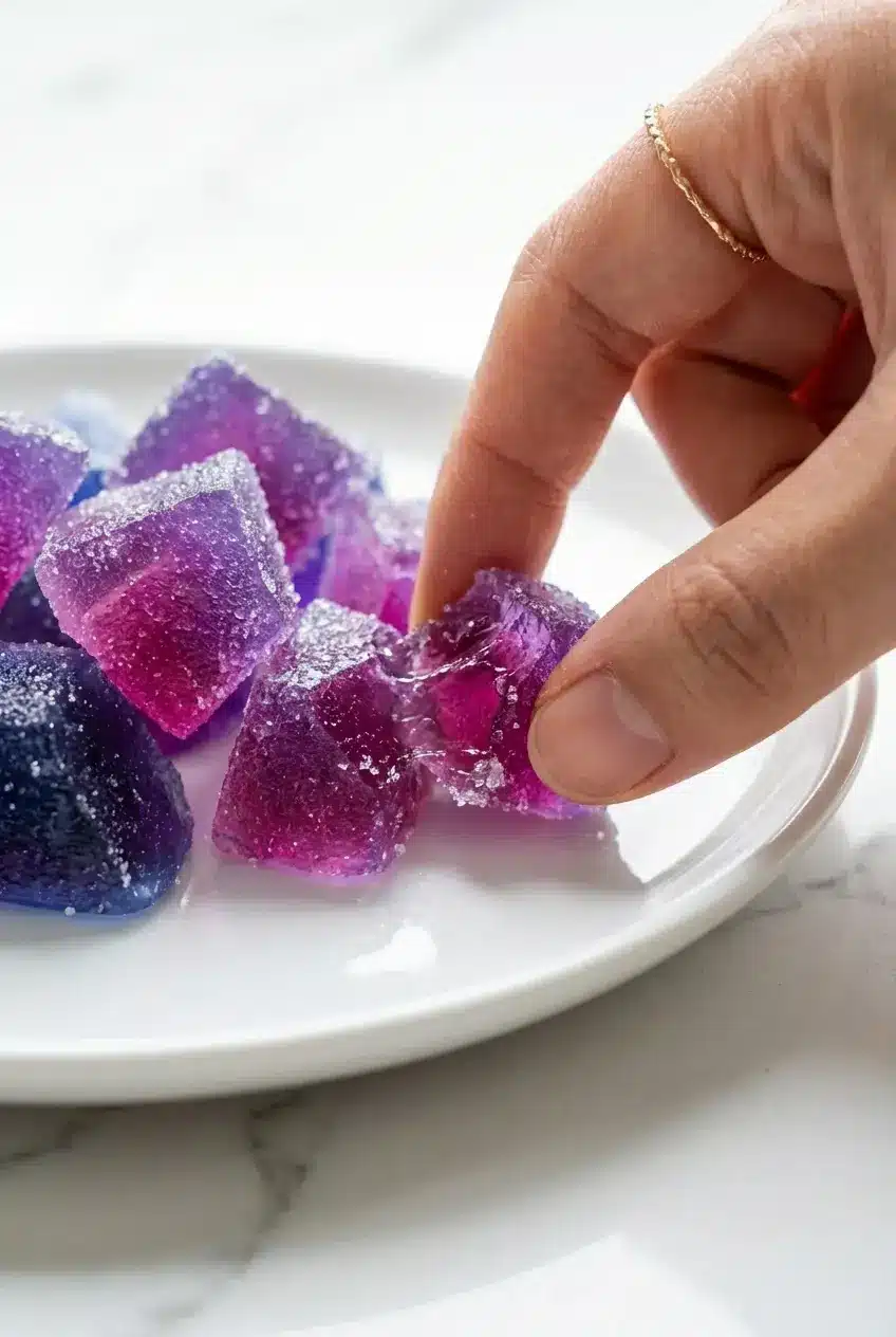Close up of the crystallization process for our japanese jelly candy recipe, showing a crisp, frosted sugar exterior.