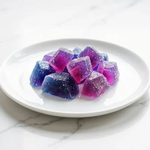 Edible gemstones from this japanese jelly candy recipe, showing blue hues from butterfly pea flower tea and citric acid.