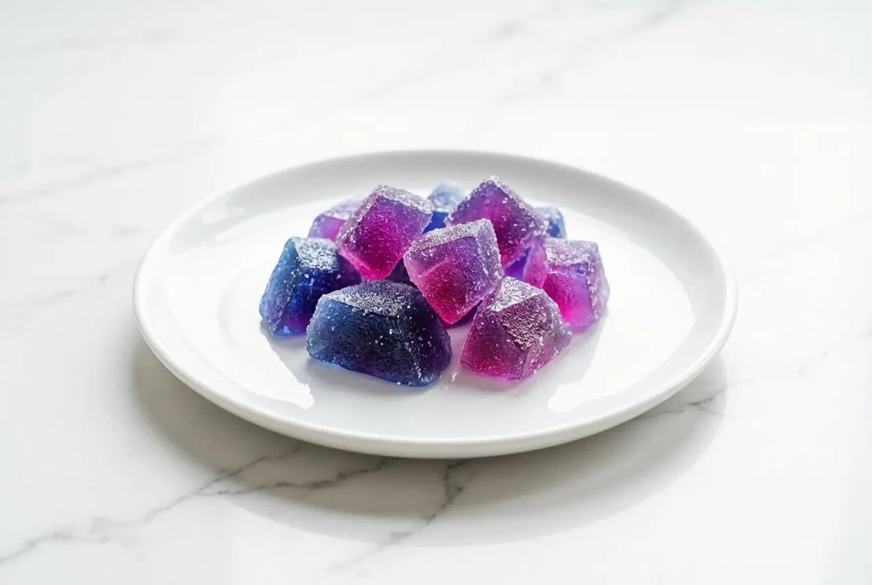 Edible gemstones from this japanese jelly candy recipe, showing blue hues from butterfly pea flower tea and citric acid.
