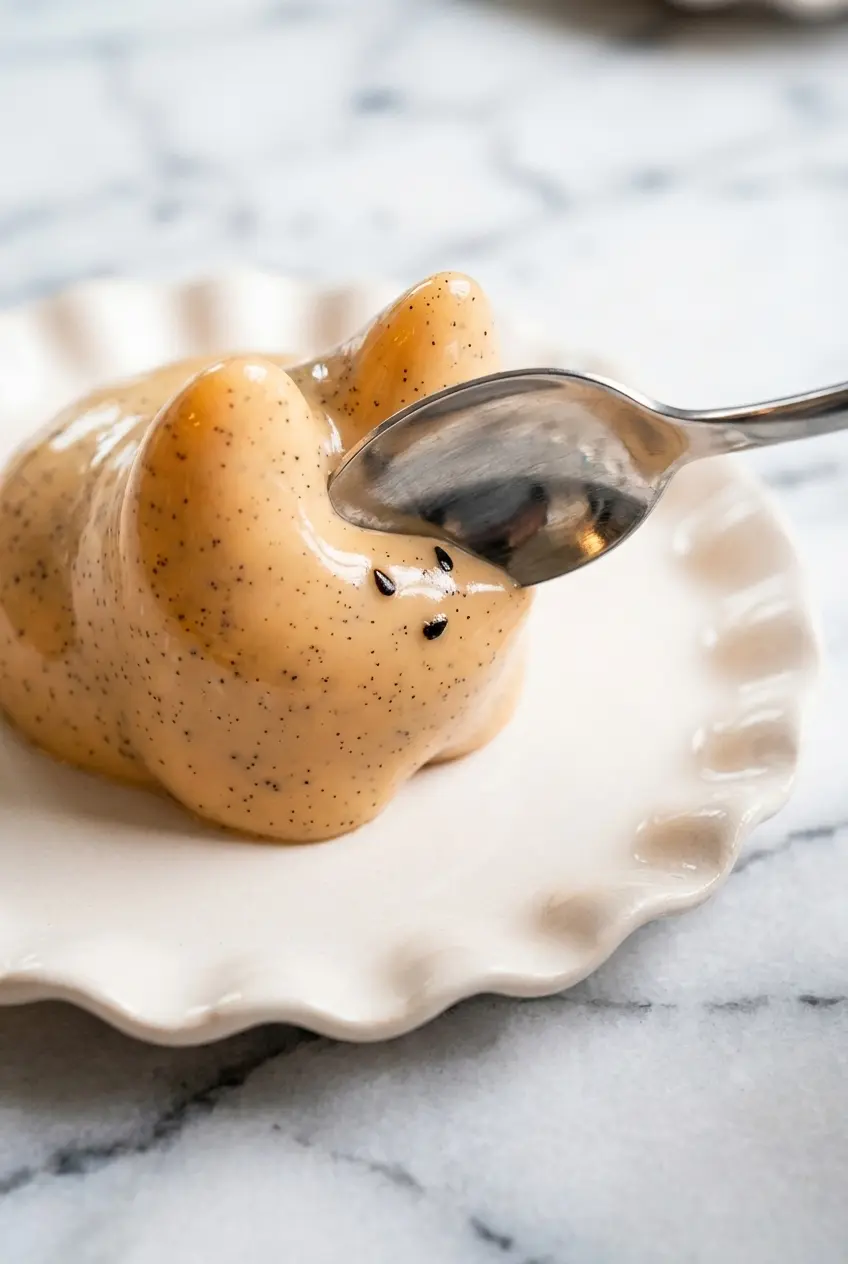 Close up of a soft Jiggly Cat Pudding Recipe showing its smooth, rich panna cotta texture and delicate wobble.