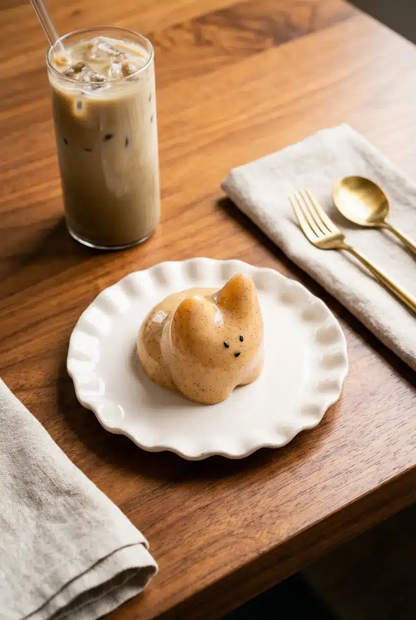A chilled Jiggly Cat Pudding Recipe served fresh from its silicone mold on a small plate next to a milk tea.