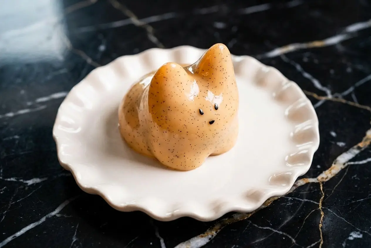A prepared Jiggly Cat Pudding Recipe showing the 3:1 milk and heavy cream base infused with real vanilla bean specks.