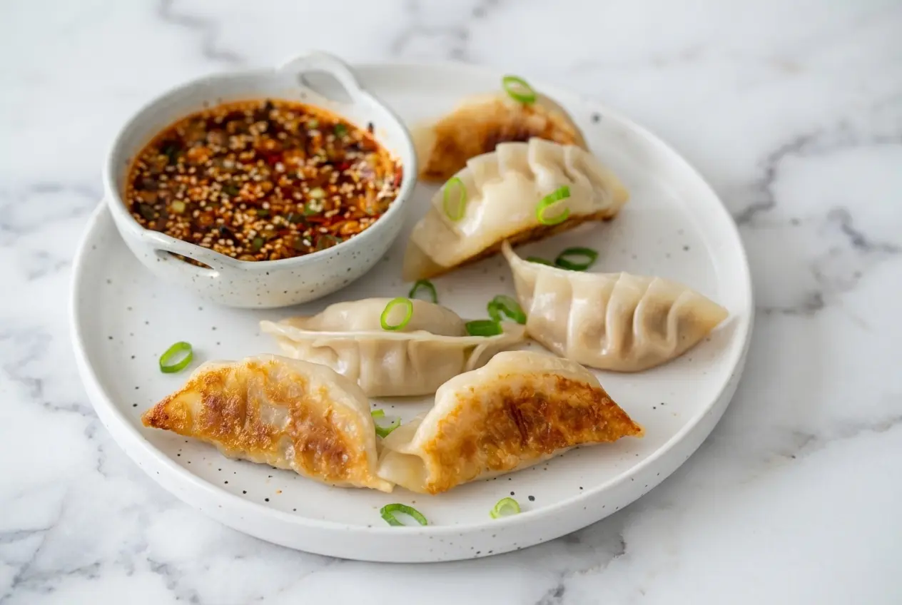 Steaming hot cabbage dumplings broken open to reveal a rich, juicy gelatinized broth aspic melting inside the savory pork.
