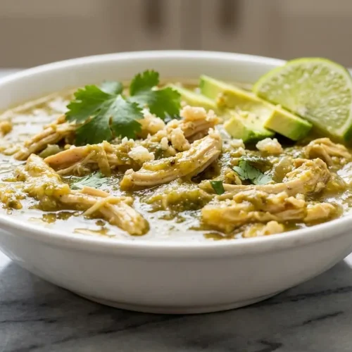 Keto Green Chili Chicken in a bowl topped with a crispy pork rind dust and fresh cilantro.